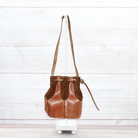 *Womens Brown Leather Made in Italy Drawstring Shoulder Bucket Bag - Picture 2 of 7